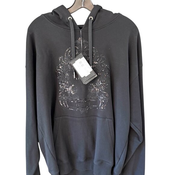 VERSACE 1013979 Mens Unisex Black Embroidered Cartouche Hoodie Sweatshirt M or L